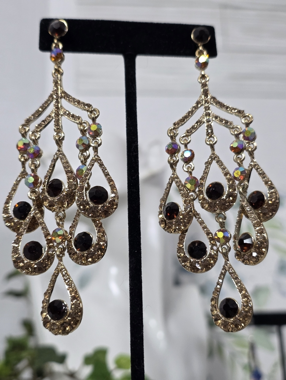 Gold AB Crystal Black Stone Chandelier Statement Earrings - Picture 3 of 9